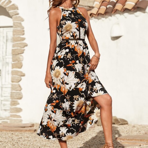 Boho Floral Print Open Back Lace Maxi Dress Cottagecore - Picture 3 of 5